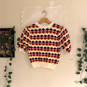 Zara Multicolor Scallop Short-Sleeve Cotton Crochet Knit Sweater Women Small